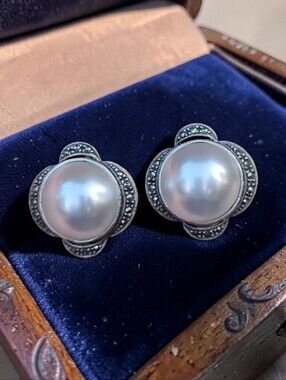 Vintage Sterling Judith Jack Mabe Pearl And Marcasite Earrings